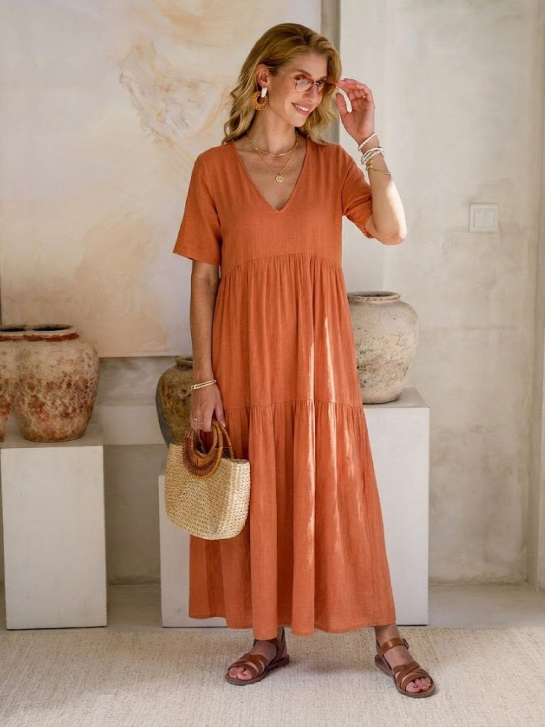 Clara | Women’s Boho V Neck Tiered Maxi Dress