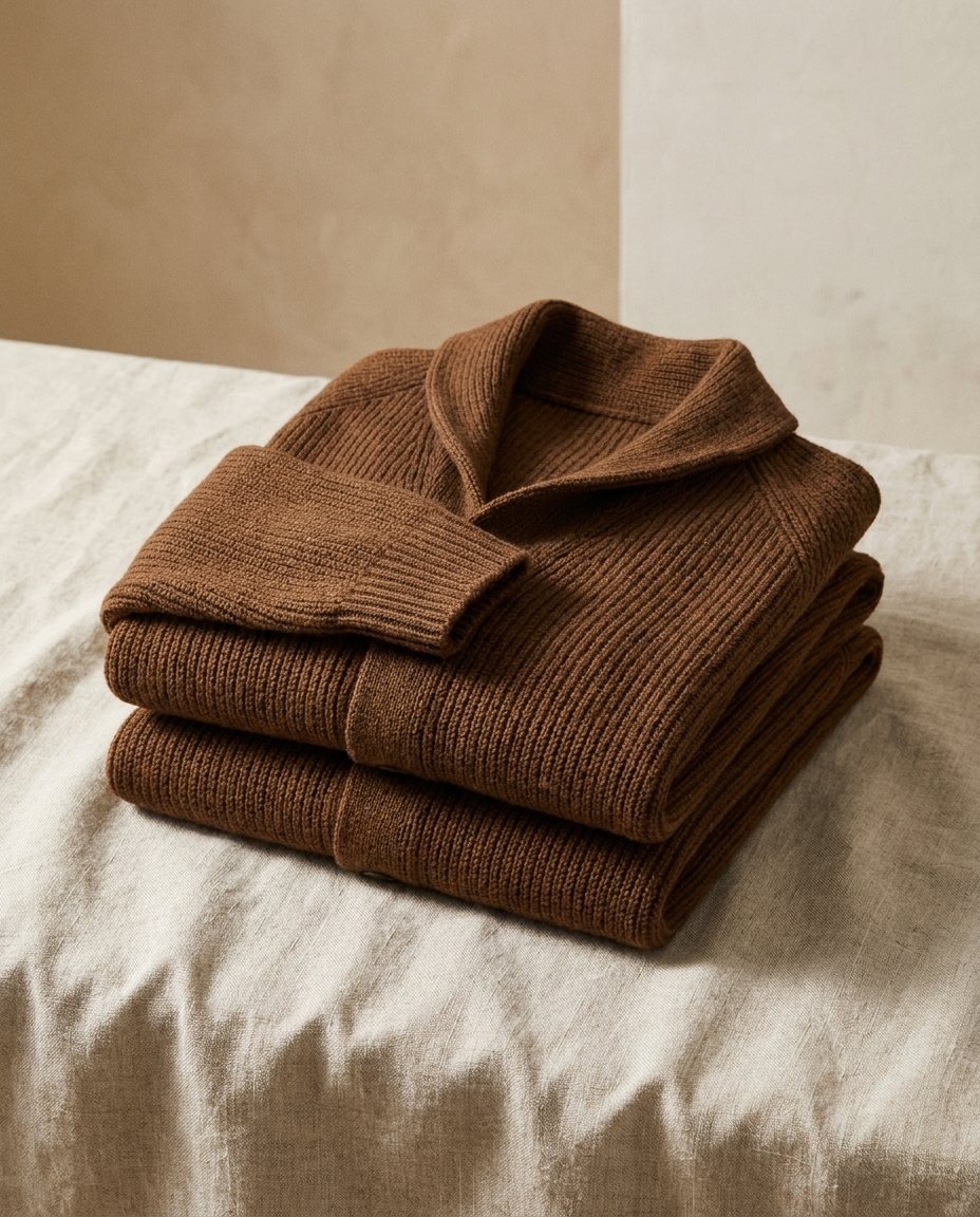 Men's ribbed knit cardigan with shawl collar and buttons