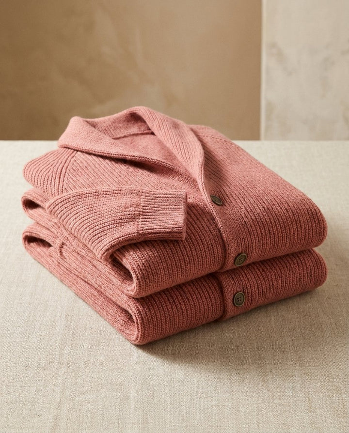Men's ribbed knit cardigan with shawl collar and buttons, view 7 - Elena Harper