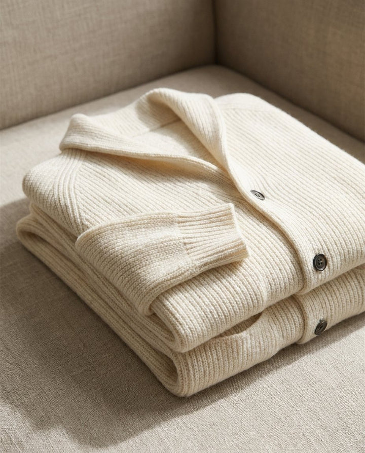 Men's ribbed knit cardigan with shawl collar and buttons, view 8 - Elena Harper