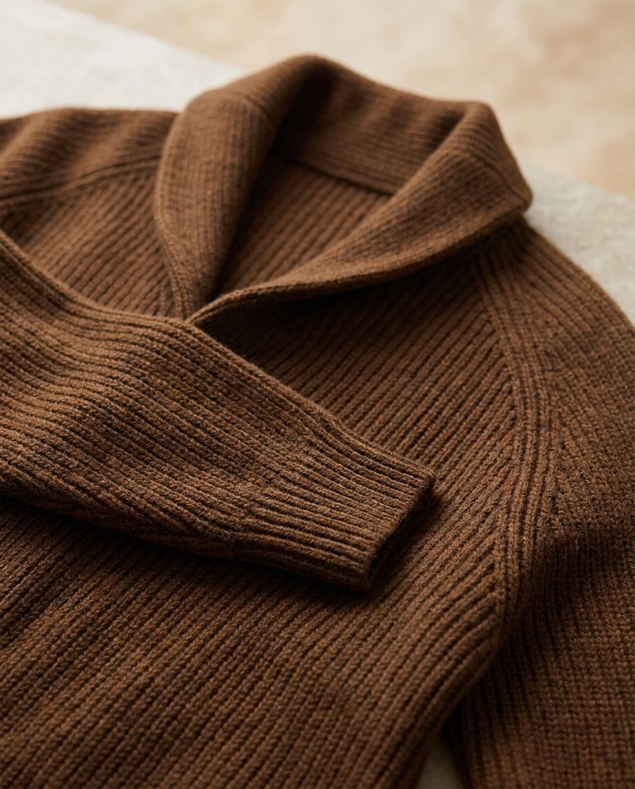 Men's ribbed knit cardigan with shawl collar and buttons