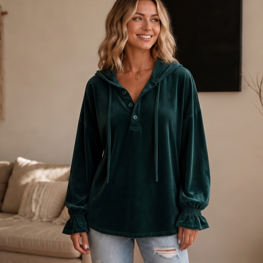 Drapella Lantern Sleeve Ruffled Cuff Hoodie - Elena Harper