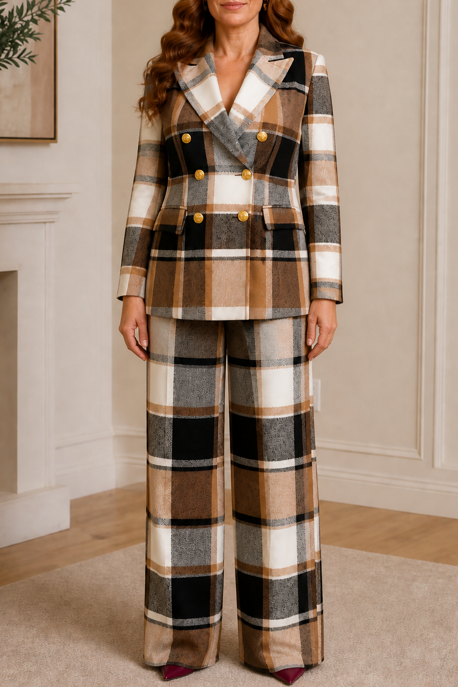 Composure Plaid Double-Breasted Blazer & Wide-Leg Pants Set - Elena Harper