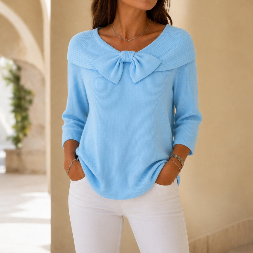 Bowdrift Bow-Neck Ribbed Knit Sweater - Elena Harper