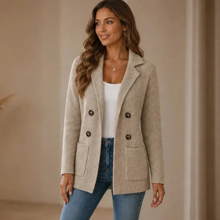 Elara Ribbed Knit Double-Breasted Cardigan - Elena Harper