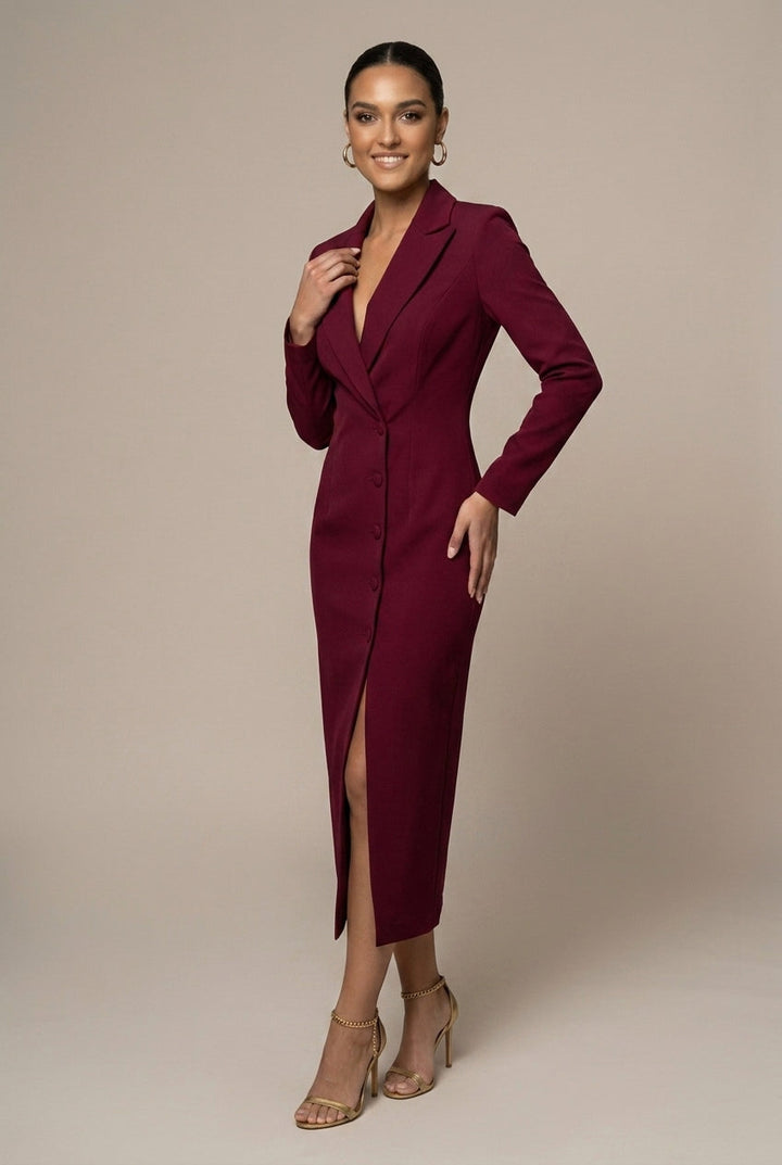 Women's Single-Breasted Blazer Midi Dress with Notch Lapel