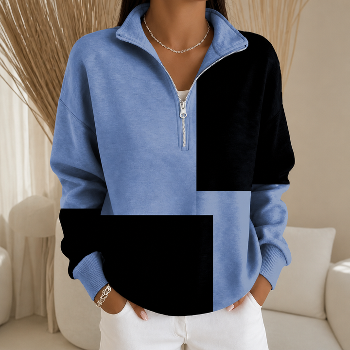 Colorplaid Colorblock Plaid Stand-Collar Zip Sweatshirt - Elena Harper