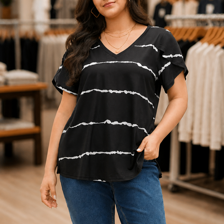 Curvella Striped V-Neck Stretch Knit Tee - Elena Harper