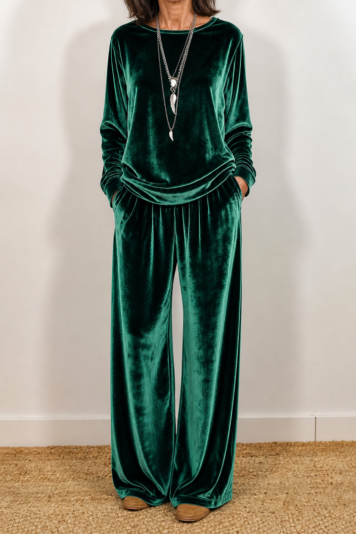 Duskvelor Velvet-Look Wide-Leg Two-Piece Lounge Set - Elena Harper