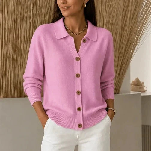Collara Turn-Down Collar Contrast-Button Knit Cardigan - Elena Harper