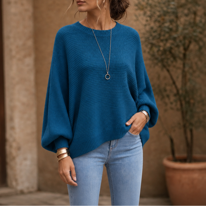 Drapeva Fitted Cuff Batwing Knit Pullover - Elena Harper