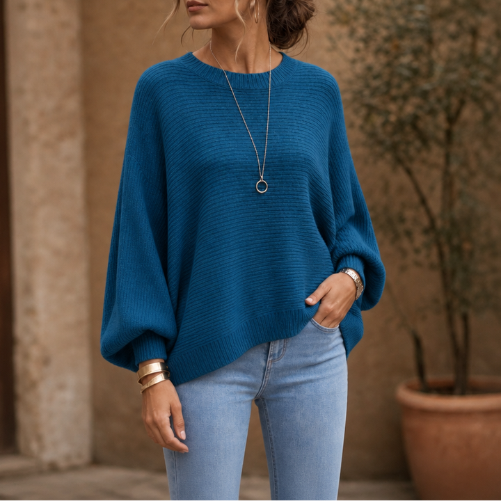Drapeva Fitted Cuff Batwing Knit Pullover - Elena Harper