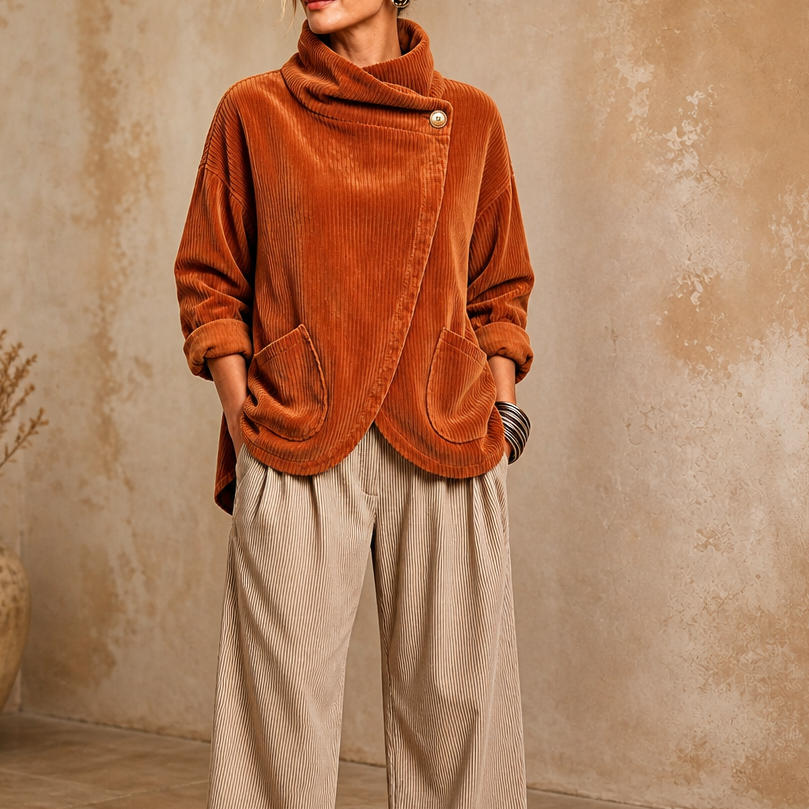 Draperie Asymmetric Button-Wrap Corduroy Top - Elena Harper
