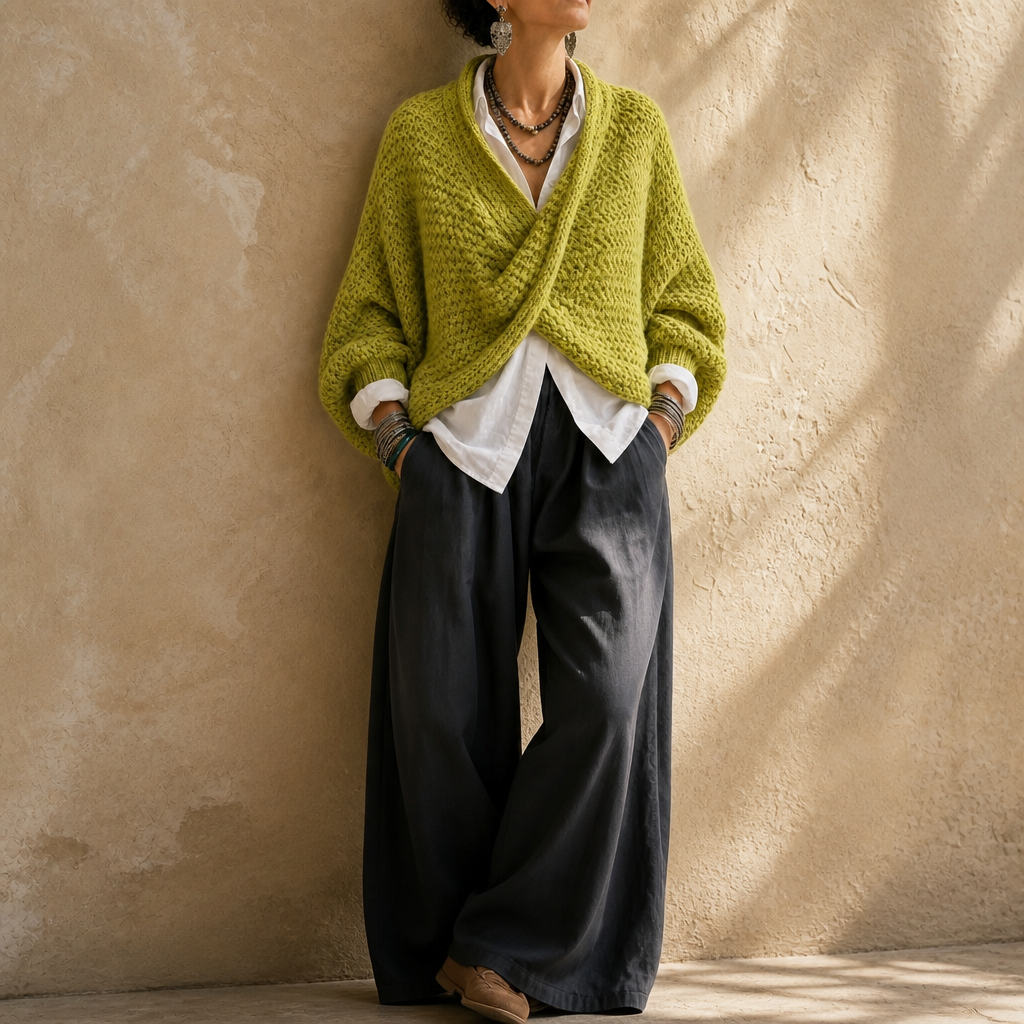 Crossovera Chunky Knit Crossover V-Neck Sweater - Elena Harper