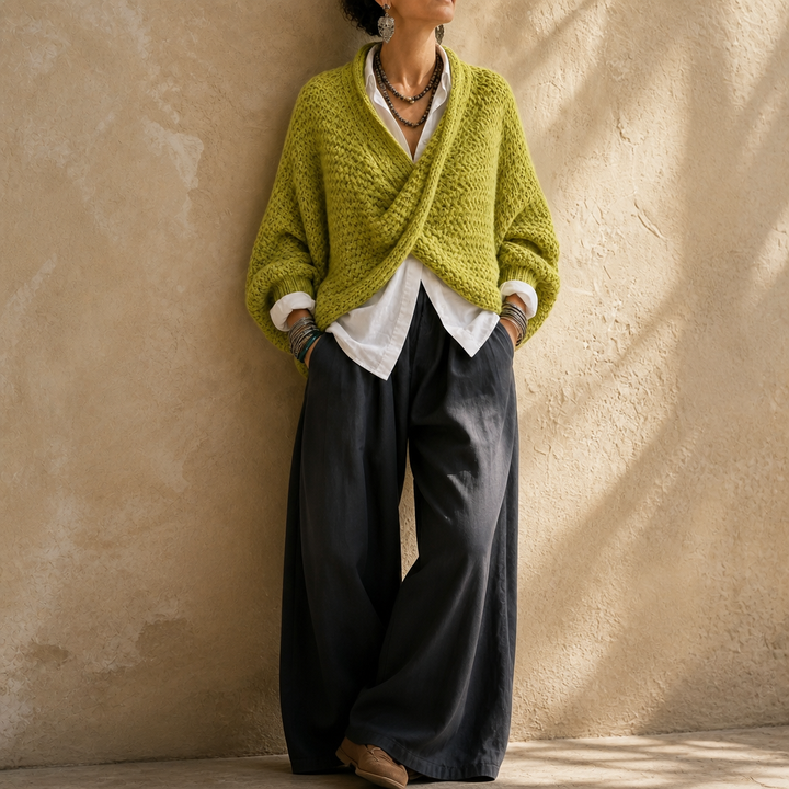 Crossovera Chunky Knit Crossover V-Neck Sweater - Elena Harper
