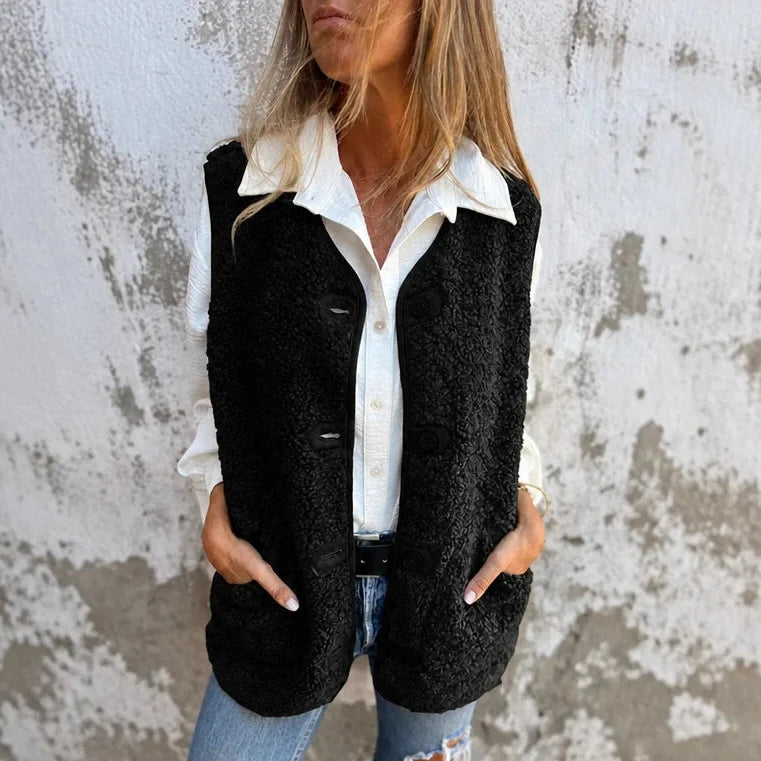 Autumna – Fleece-Look Button-Front Pocket Vest