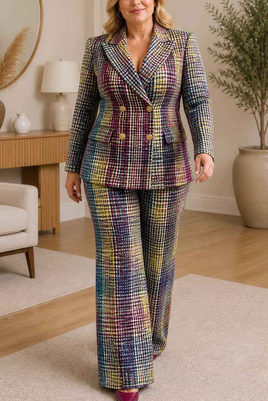Composure Plaid Double-Breasted Blazer & Wide-Leg Pants Set - Elena Harper