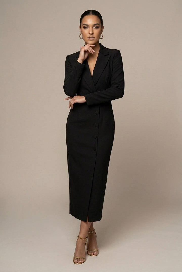 Women's Single-Breasted Blazer Midi Dress with Notch Lapel