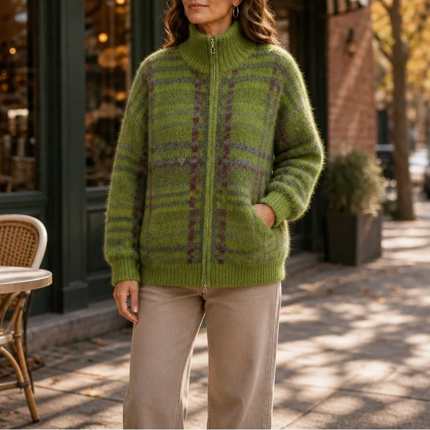 Checkermere Plush Plaid Zip-Up High-Collar Cardigan - Elena Harper