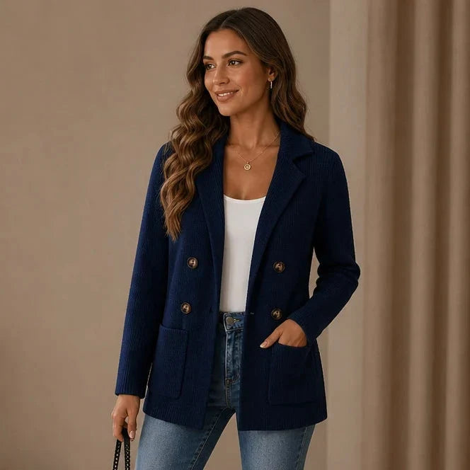 Elara Ribbed Knit Double-Breasted Cardigan - Elena Harper