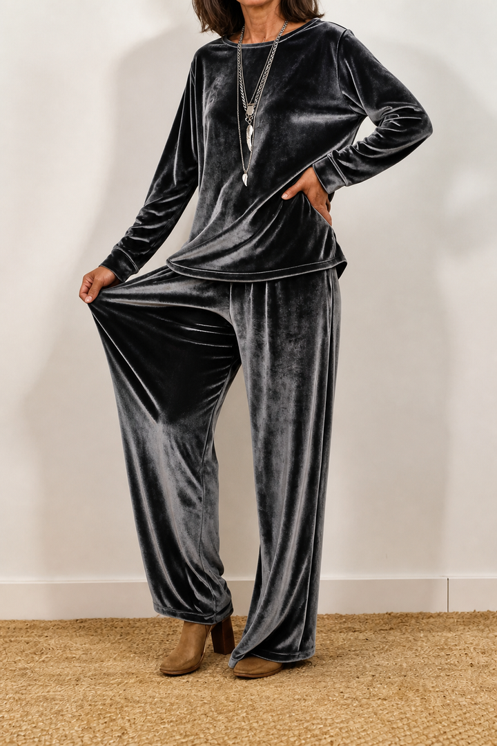 Duskvelor Velvet-Look Wide-Leg Two-Piece Lounge Set - Elena Harper