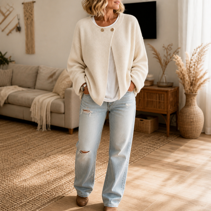 Drape & Rib Asymmetrical Neck Ribbed Button Cardigan - Elena Harper