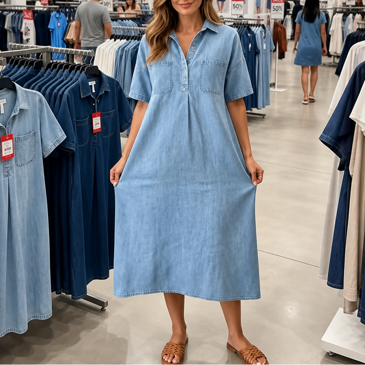 Denimly Pocketed Shirt Collar Denim Midi Dress - Elena Harper