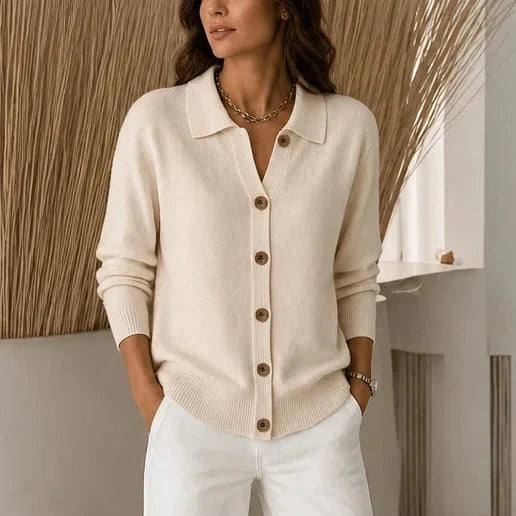 Collara Turn-Down Collar Contrast-Button Knit Cardigan - Elena Harper