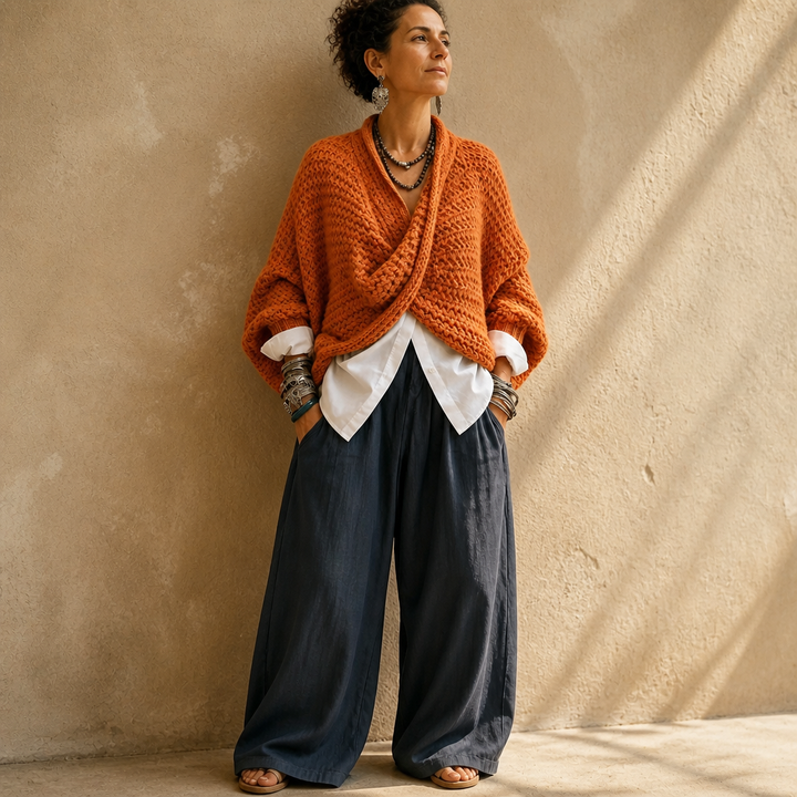 Crossovera Chunky Knit Crossover V-Neck Sweater - Elena Harper