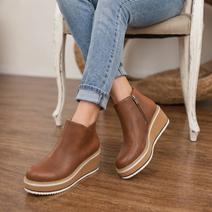 Colombe Smooth Side-Zip Wedge Ankle Boots - Elena Harper