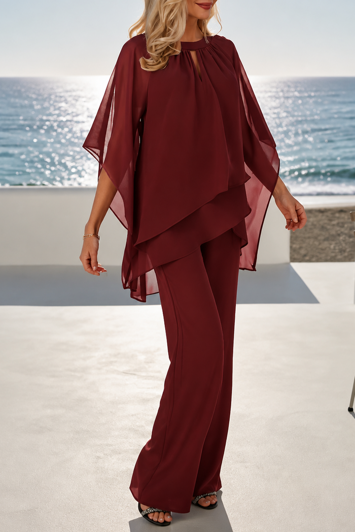 Draperie Asymmetric Drape Overlay Wide-Leg Pant Set - Elena Harper