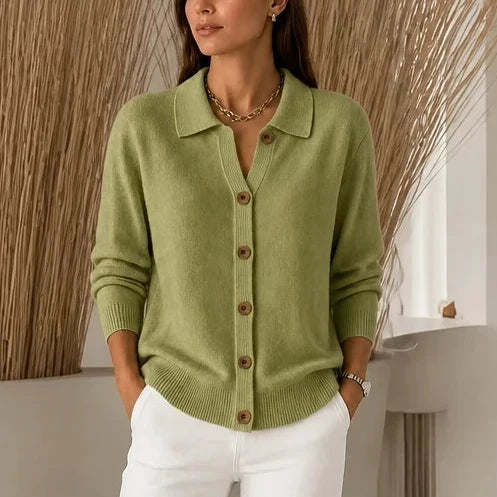 Collara Turn-Down Collar Contrast-Button Knit Cardigan - Elena Harper