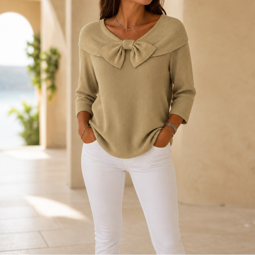 Bowdrift Bow-Neck Ribbed Knit Sweater - Elena Harper