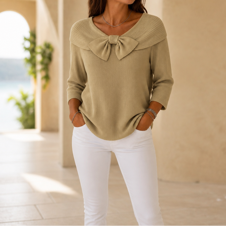 Bowdrift Bow-Neck Ribbed Knit Sweater - Elena Harper