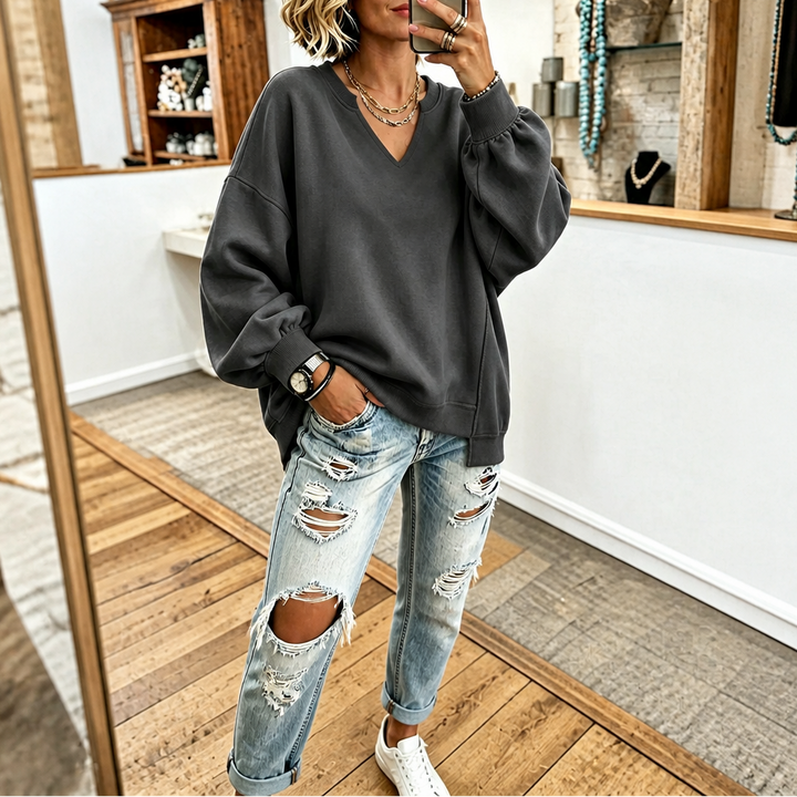 Coziver Drop-Shoulder Puff Sleeve Split-Hem Sweatshirt - Elena Harper