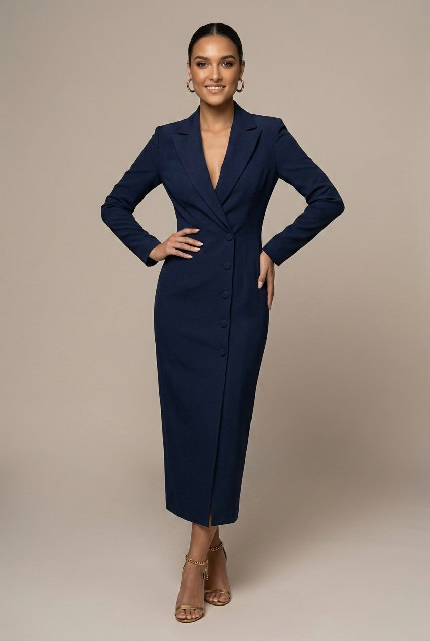 Women's Single-Breasted Blazer Midi Dress with Notch Lapel