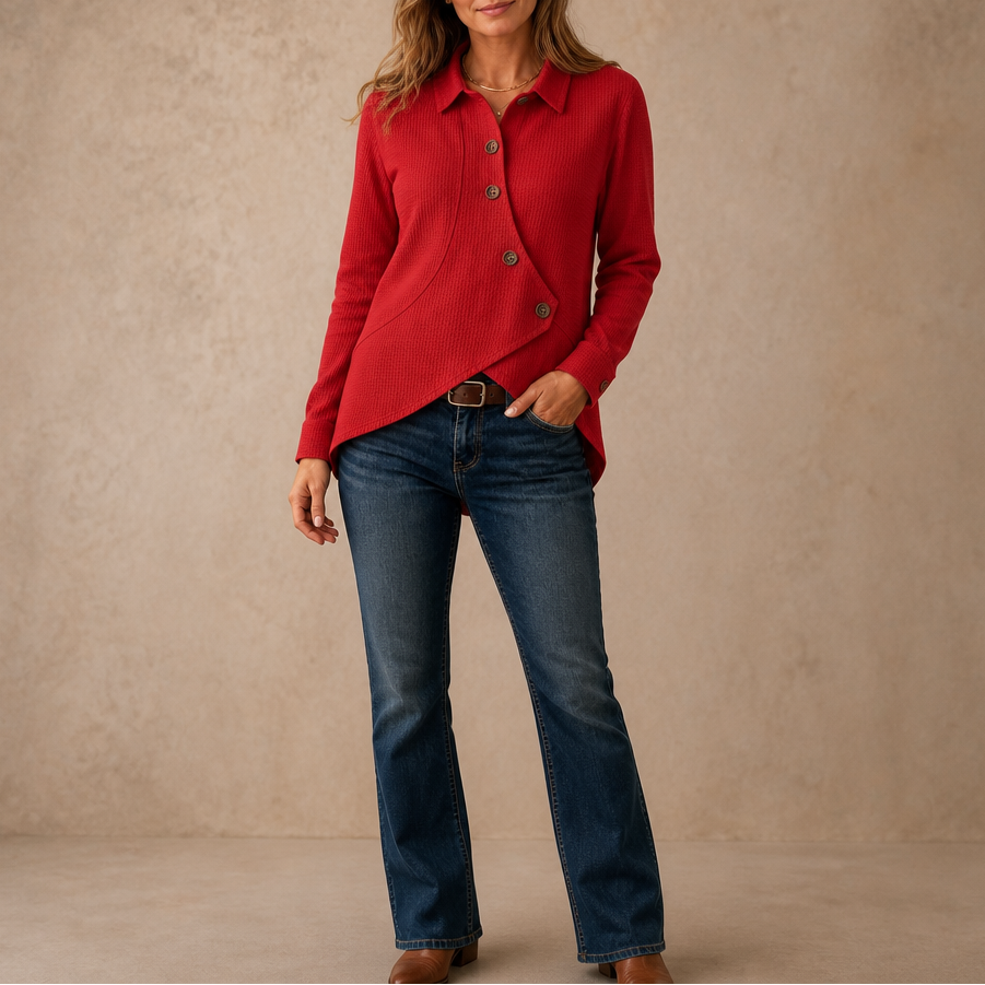 Draperau Waffle-Knit Asymmetric Placket Top - Elena Harper