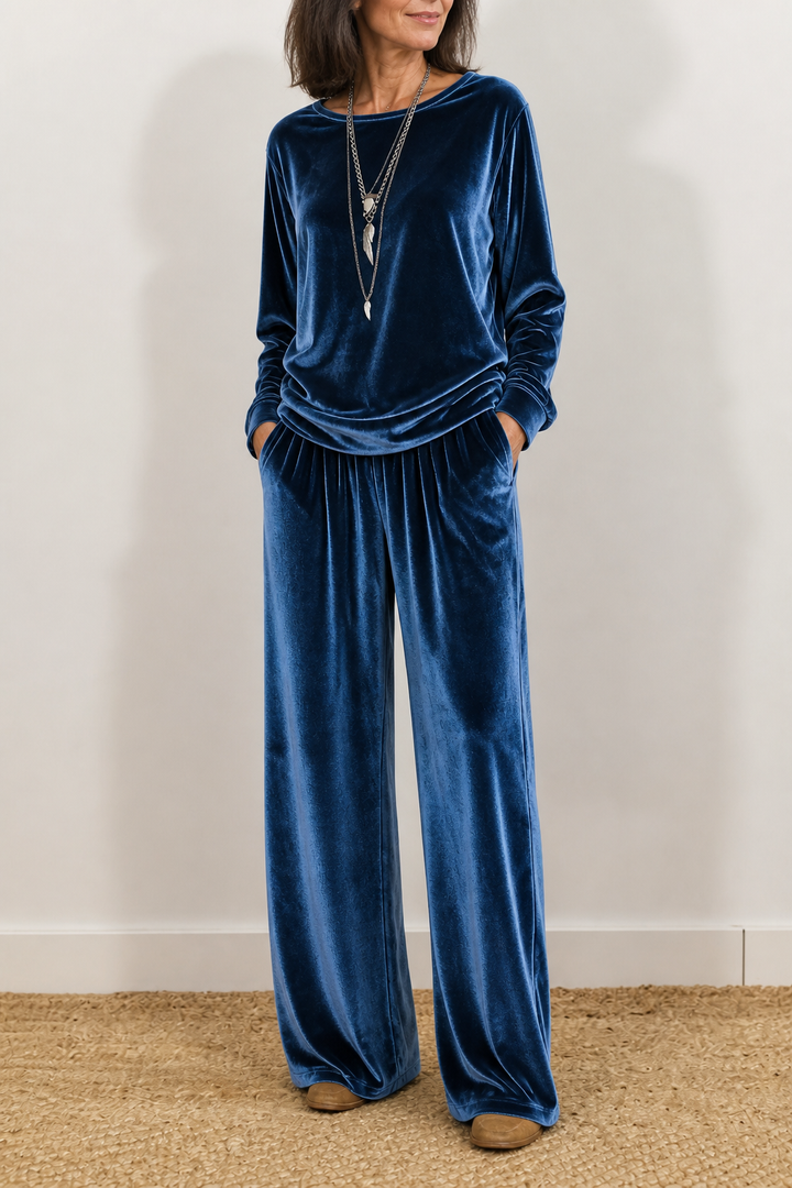 Duskvelor Velvet-Look Wide-Leg Two-Piece Lounge Set - Elena Harper