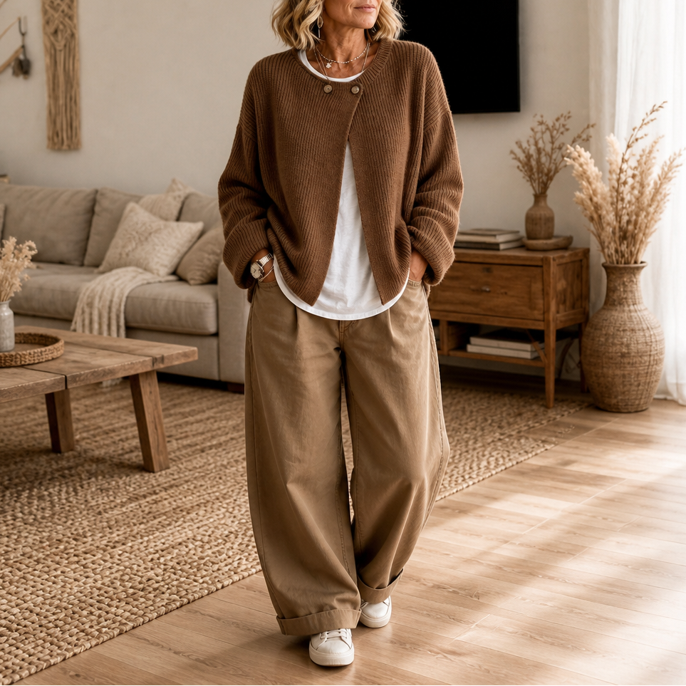 Drape & Rib Asymmetrical Neck Ribbed Button Cardigan - Elena Harper