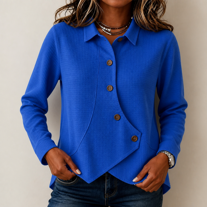 Draperly Waffle-Knit-Look Asymmetric Hem Top - Elena Harper