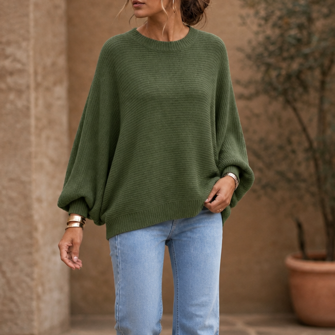 Drapeva Fitted Cuff Batwing Knit Pullover - Elena Harper