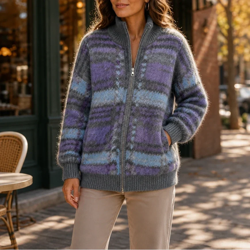 Checkermere Plush Plaid Zip-Up High-Collar Cardigan - Elena Harper