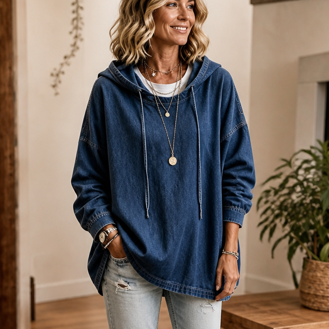 Denim Ease Washed Oversized Denim-Look Hoodie - Elena Harper