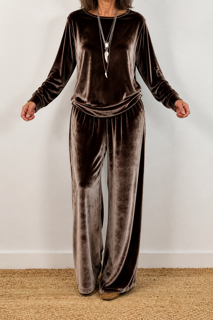 Duskvelor Velvet-Look Wide-Leg Two-Piece Lounge Set - Elena Harper