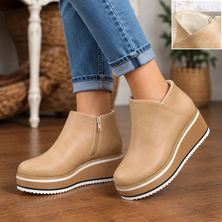 Colombe Smooth Side-Zip Wedge Ankle Boots - Elena Harper