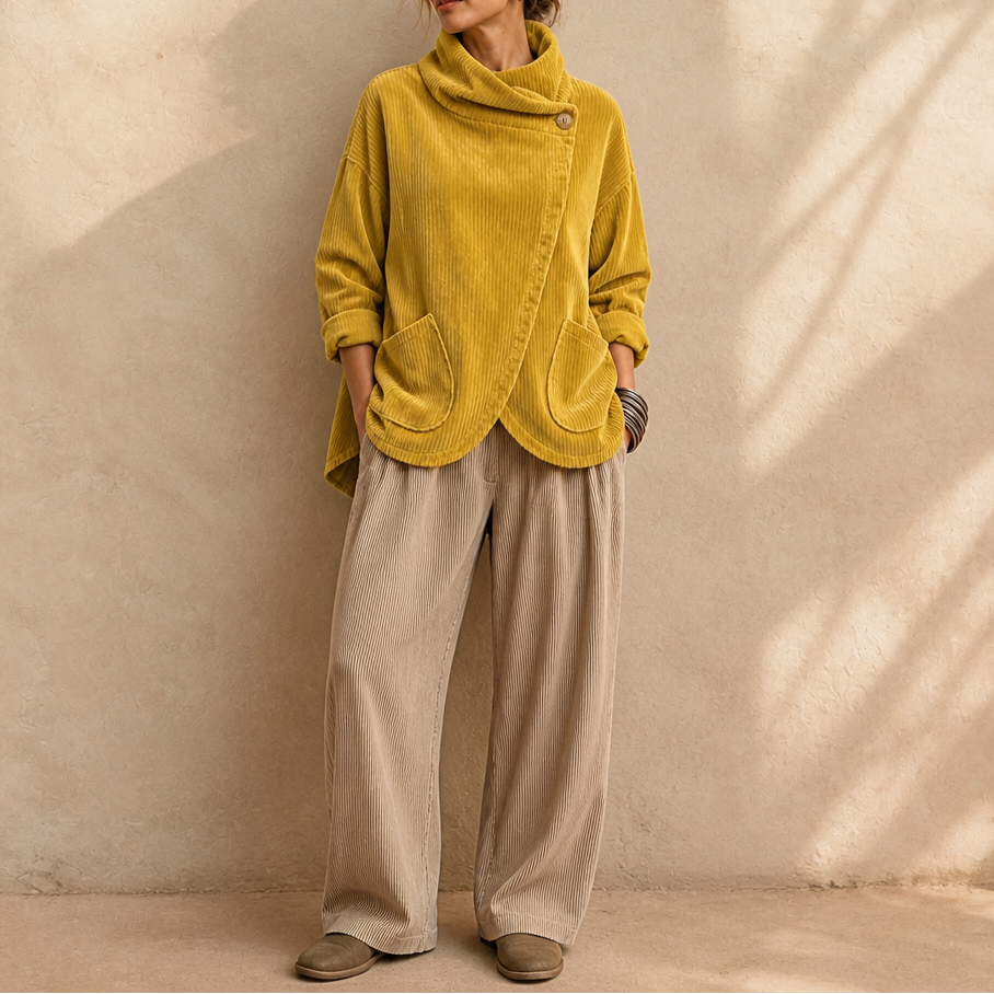 Draperly Asymmetric Hem Hooded Corduroy Poncho - Elena Harper