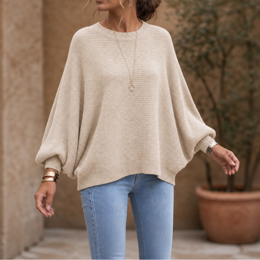 Drapeva Fitted Cuff Batwing Knit Pullover - Elena Harper