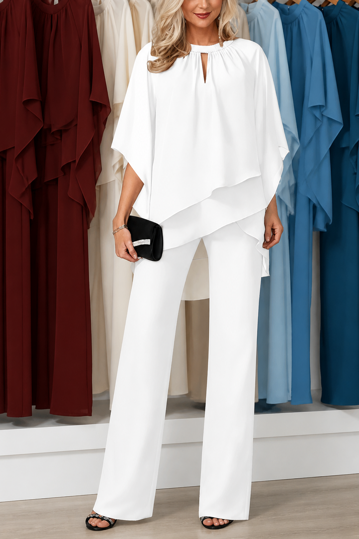Draperie Asymmetric Drape Overlay Wide-Leg Pant Set - Elena Harper