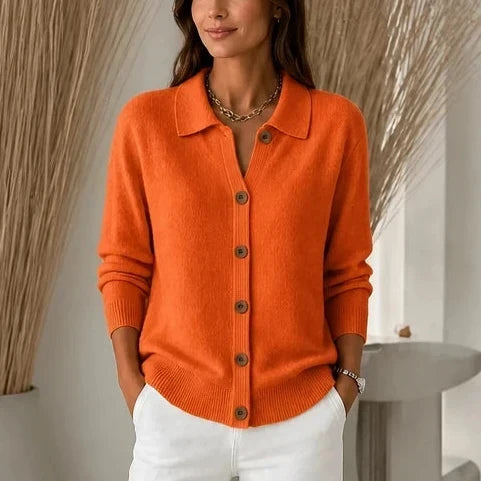 Collara Turn-Down Collar Contrast-Button Knit Cardigan - Elena Harper