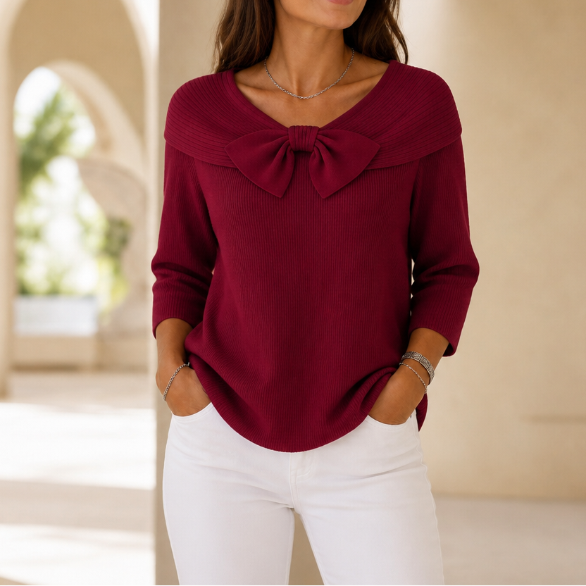Bowdrift Bow-Neck Ribbed Knit Sweater - Elena Harper